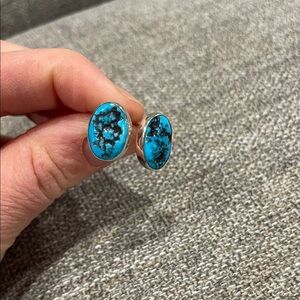 Turquoise Stone Oval Stud Earrings - Blue Silver Design